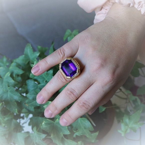 Gold-Diamond Bishop Ring, Oversized amethyst ring, Rectangular  amethyst ring - Picture 10 of 10